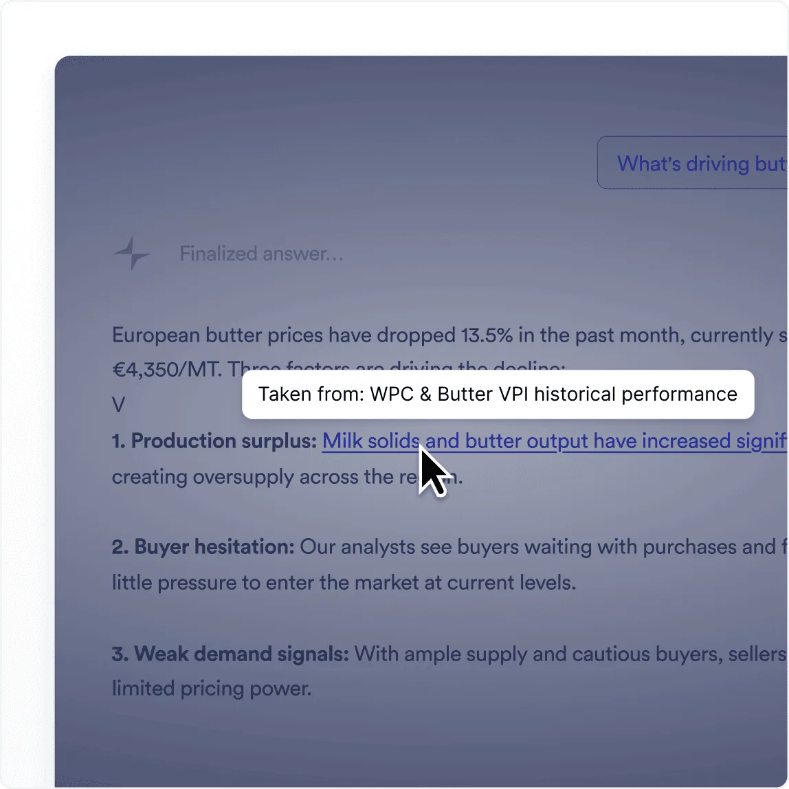 Vesper Commodity Copilot's finalized answer with clickable citations back to the underlying data