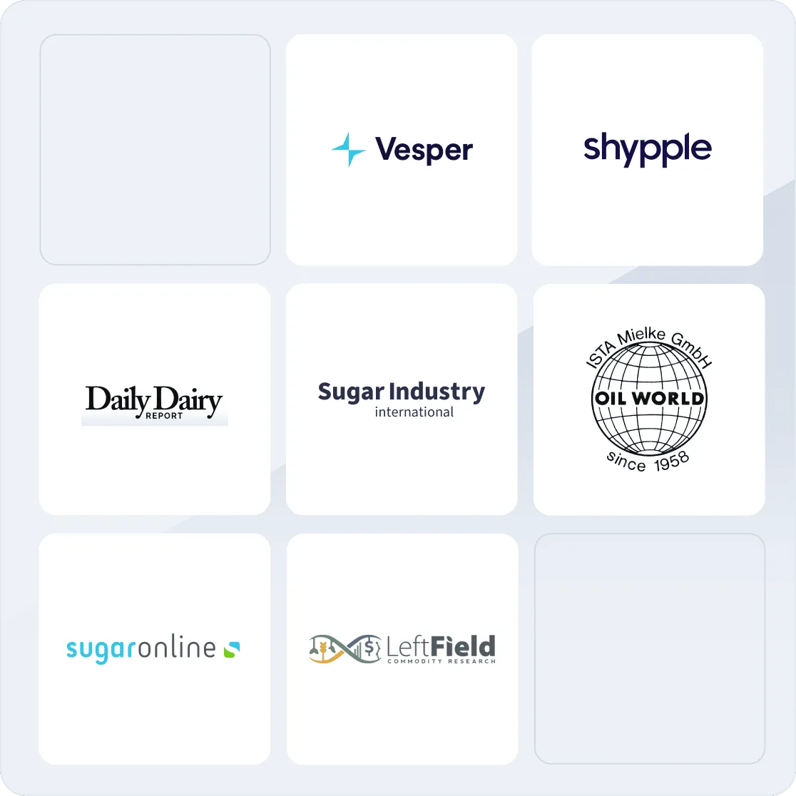 Wall of trusted data-source and partner logos behind Vesper market analyses