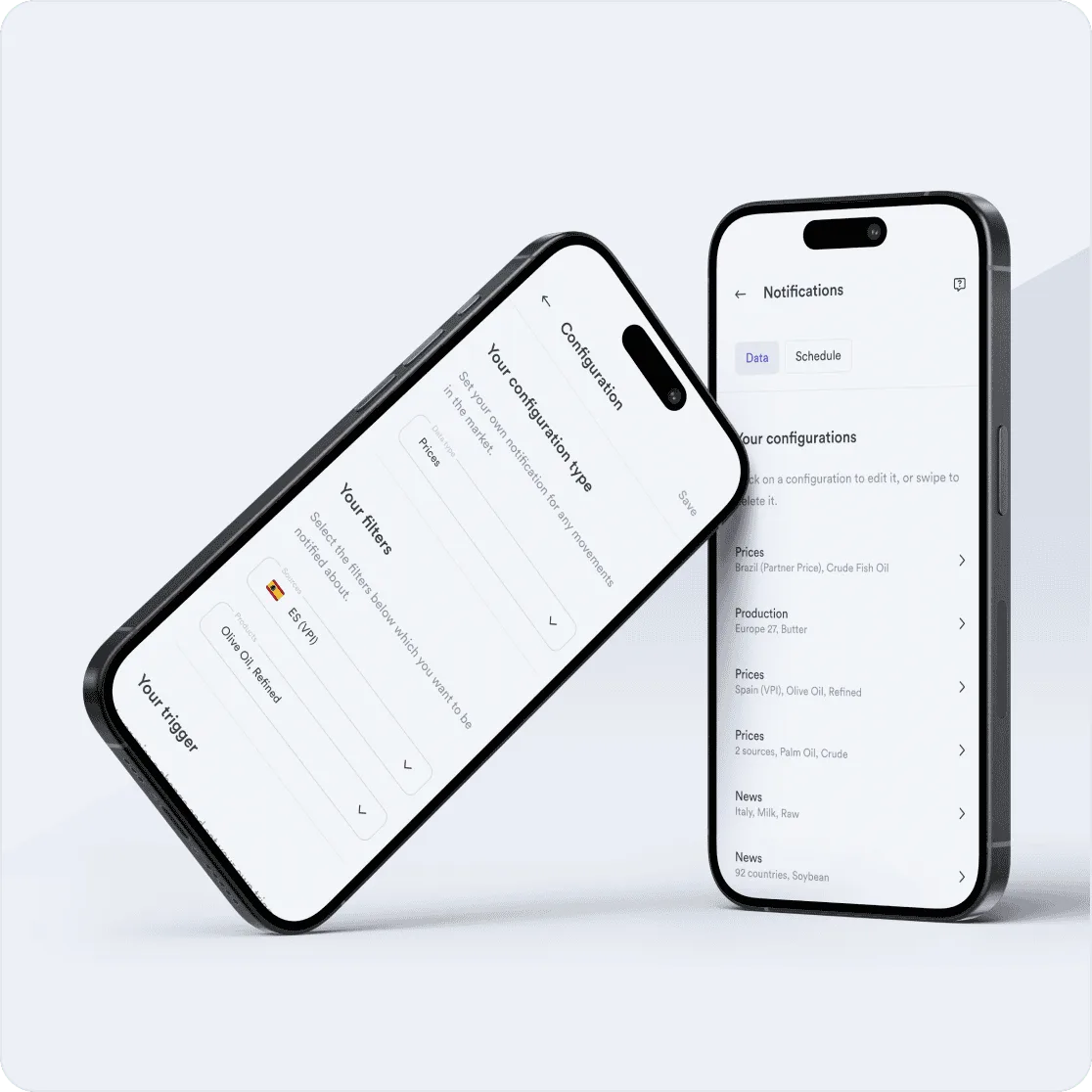 Vesper mobile app on two phones showing alert configuration and notifications
