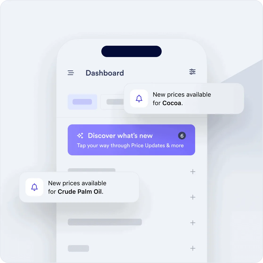 Vesper mobile dashboard with new-price notifications
